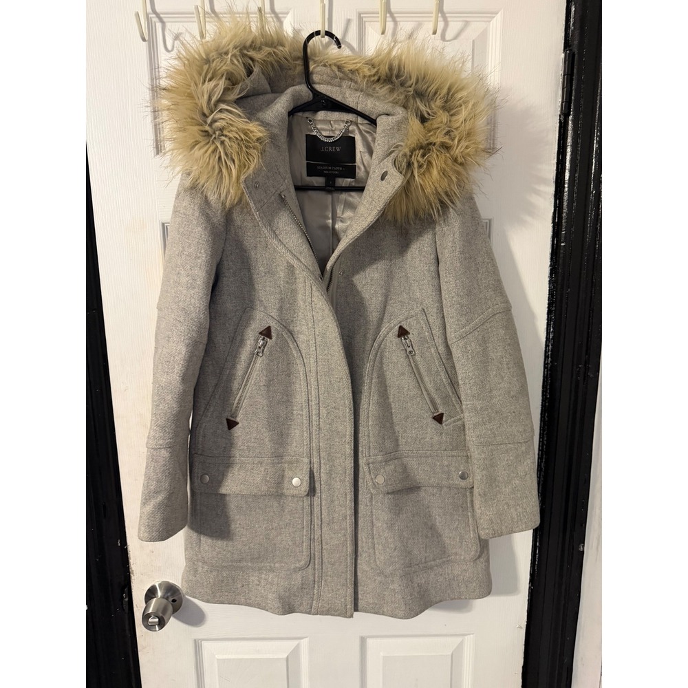 J.Crew Chateau Parka Stadium Cloth Wool Faux Fur Hood Gray Coat Size 2